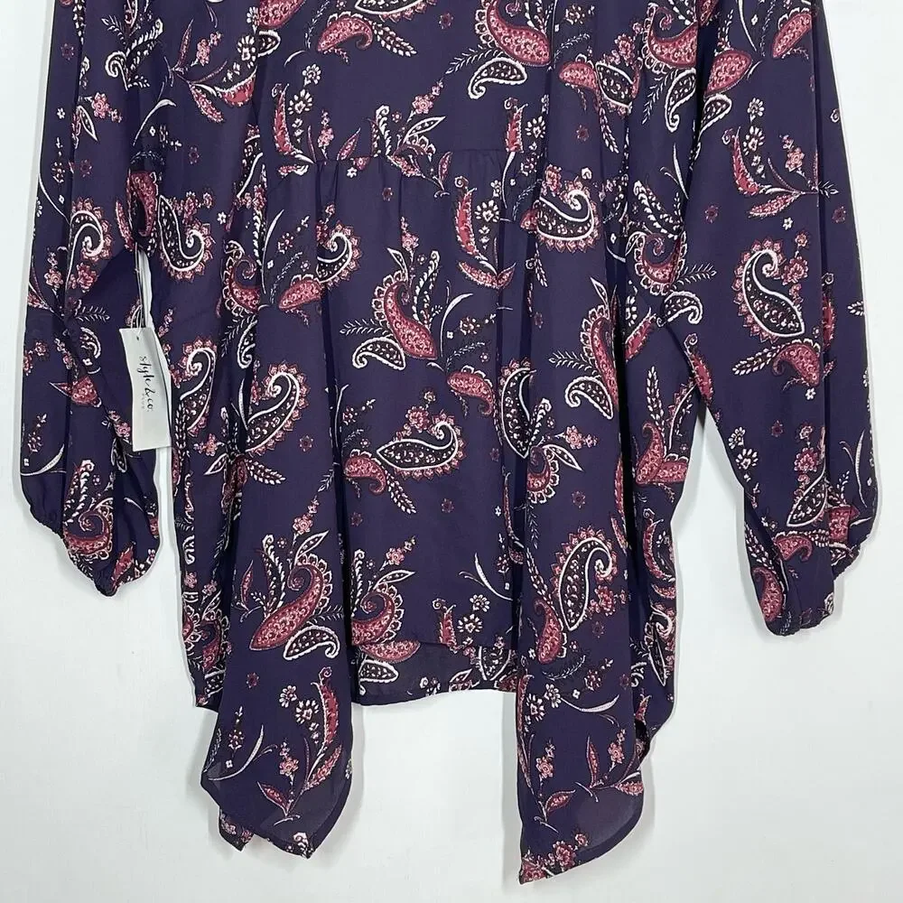 Style & Co Blouse NWT Women's Plus Size 2X Purple Grape Paisley V-Neck Core Boho - Picture 7 of 11